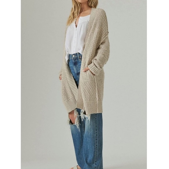 Cardigan Long Sleeve Open Front Chunky Sweater Outerwear with Pockets Apricot - Picture 3 of 5